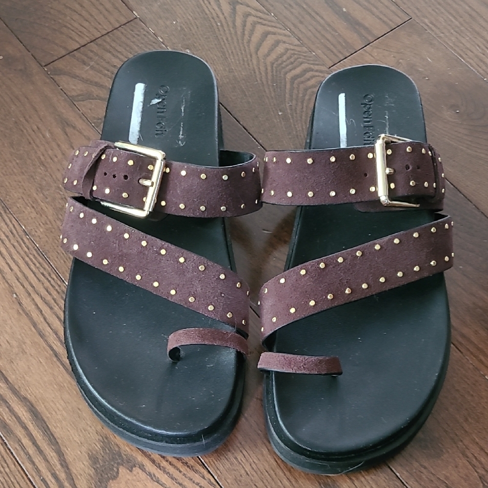 New Open Edit Florence Toe Loop Sandal Stylish Brown with Gold Accents size 9